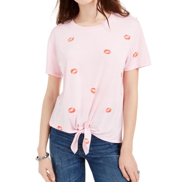 Love Tribe Tops - Love Tribe Pink Tie Waist T-Shirt Kisses